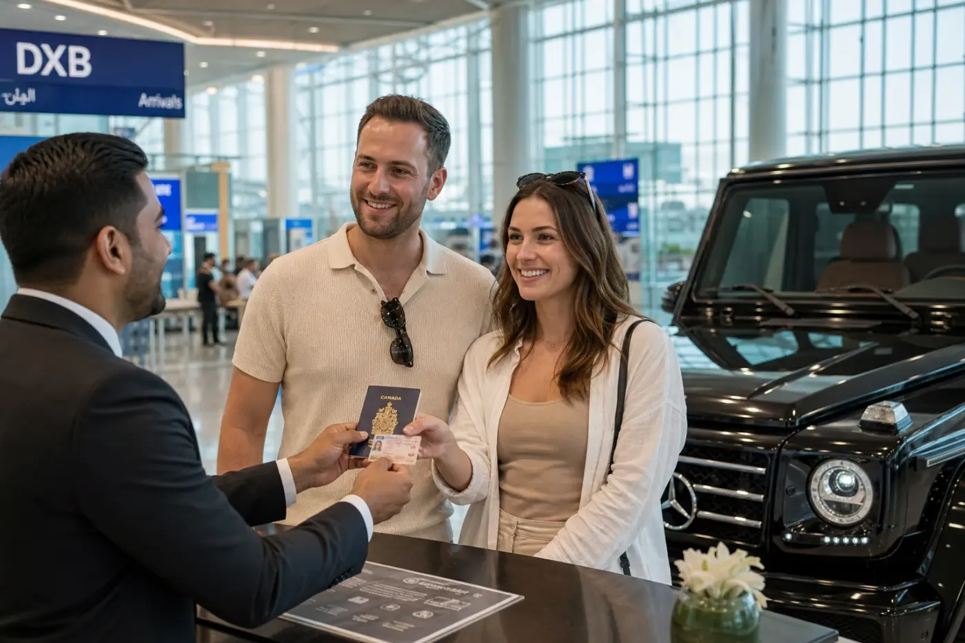 Canadian visitor presenting driving licence and IDP at Dubai luxury rental handover