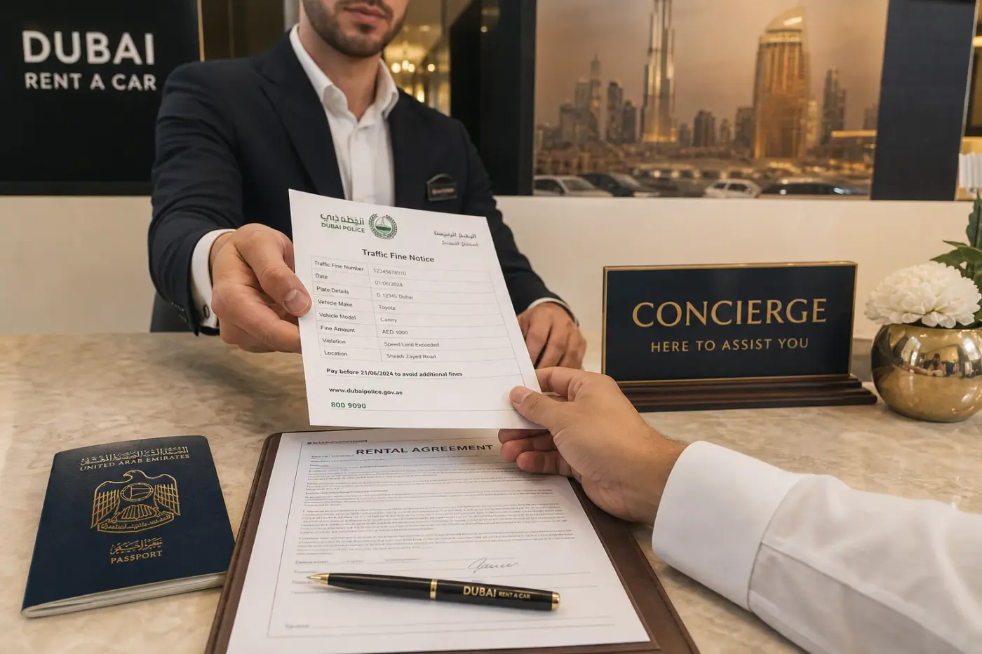 Dubai rental fine handling scenario with concierge support and traffic notice details