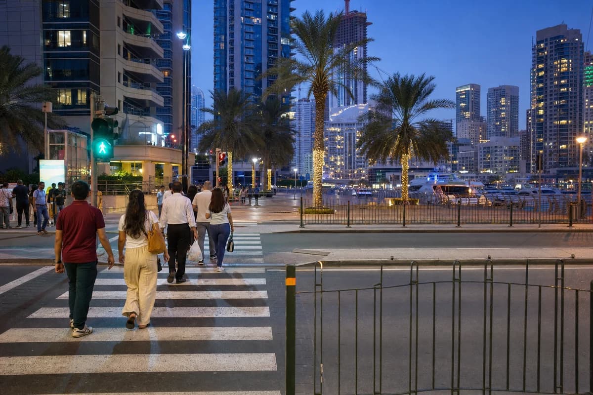 Rental car stopped near marked pedestrian crossing in Dubai busy district