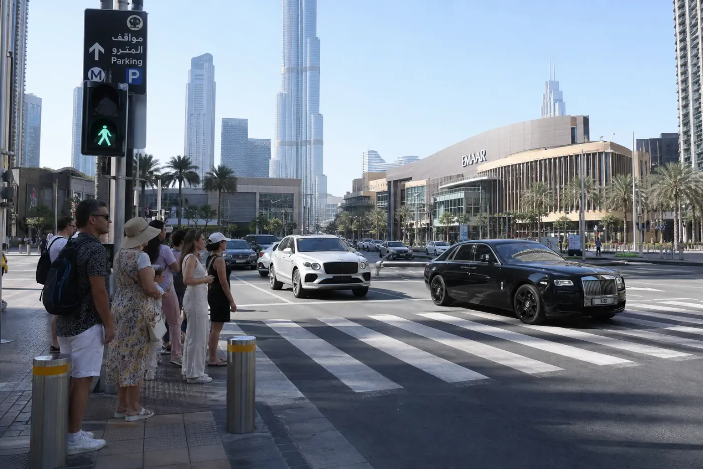 Dubai pedestrian crossing near city road with clear signals for safe visitor movement