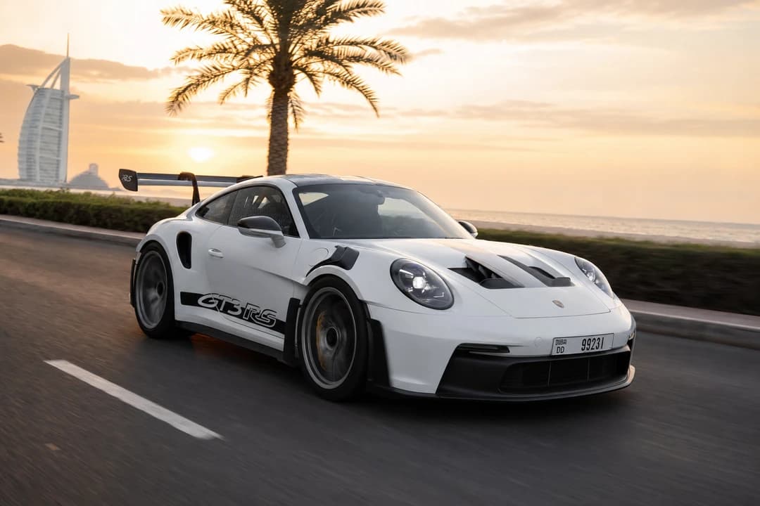 Porsche 911 GT3 RS exterior on Dubai coastal road for Porsche 911 GT3 RS rental Dubai plans