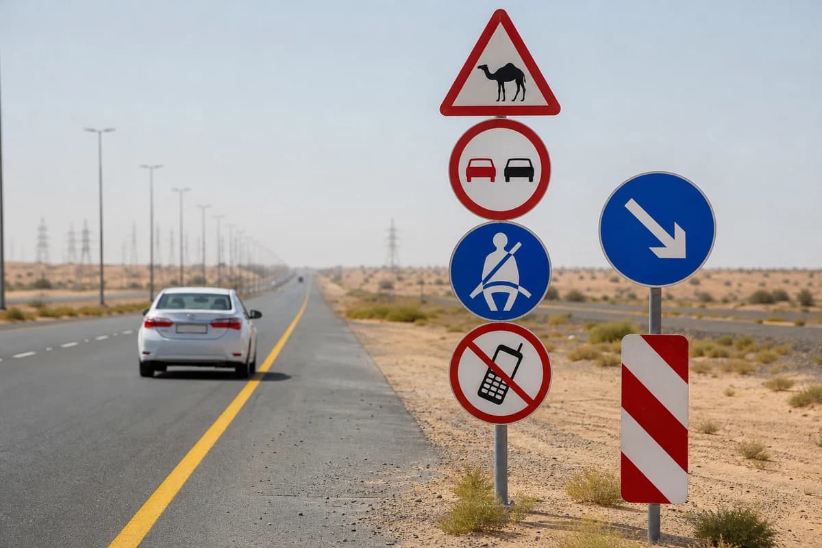 Rental vehicle following lane discipline and speed signs on UAE multilane road