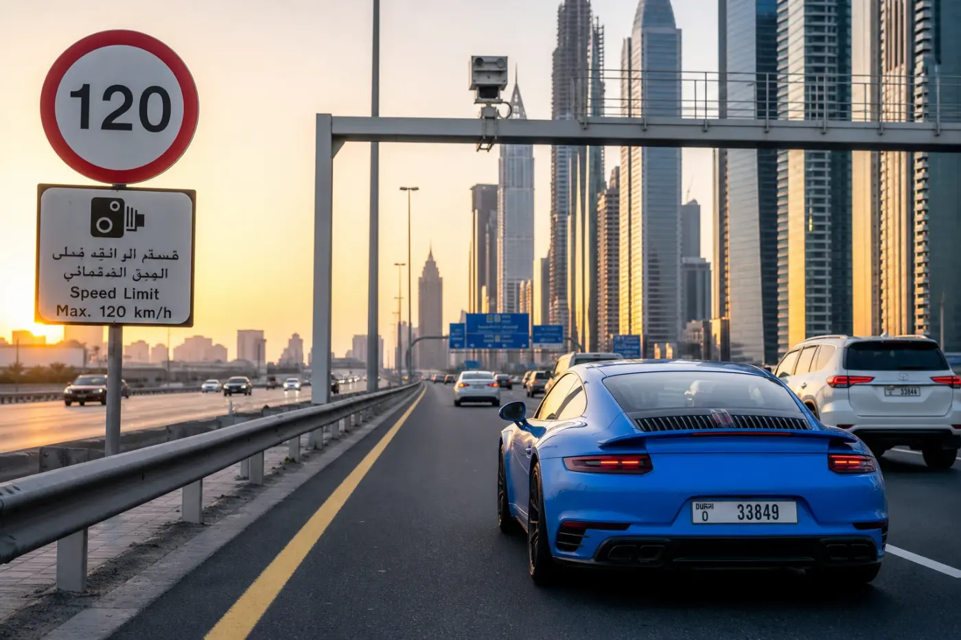 Dubai highway speed limit corridor with rental car and radar enforcement context