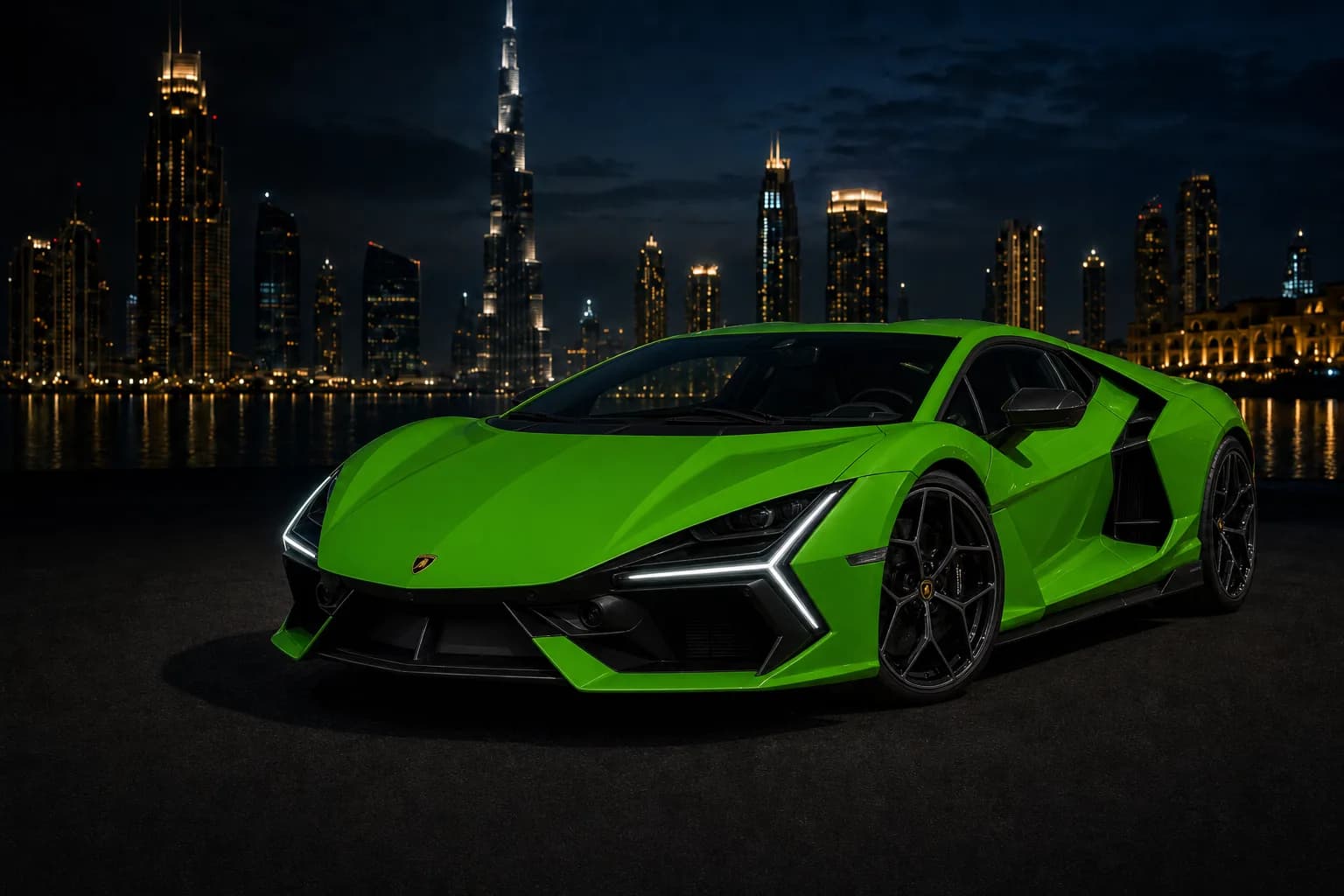 Lamborghini rental Dubai skyline