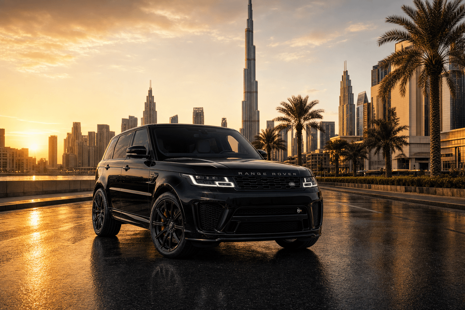 Range Rover Sport SVR rental Dubai with skyline backdrop