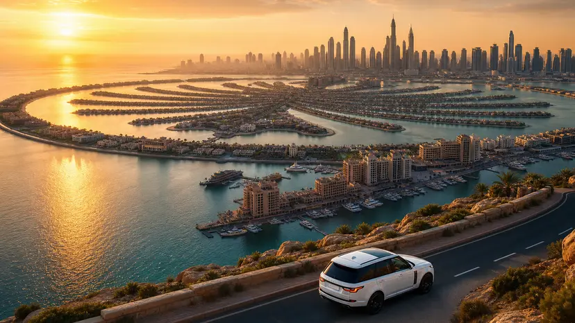 Luxury car driving along Dubai Marina with the Palm Jumeirah skyline at golden hour